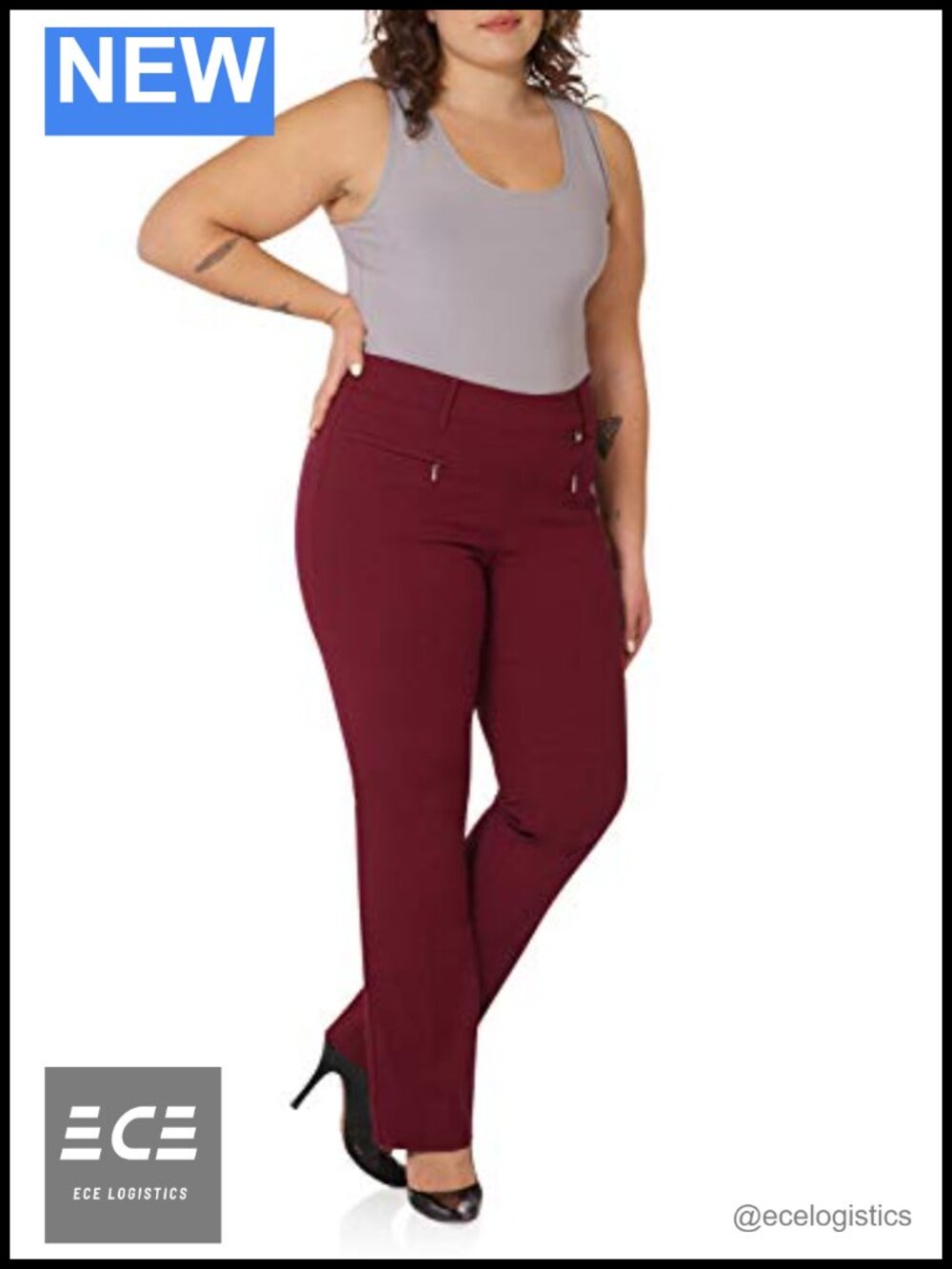 Curvy Plus Size Bootcut Pull On Work Pants with Zipper Pockets Stretch Woven